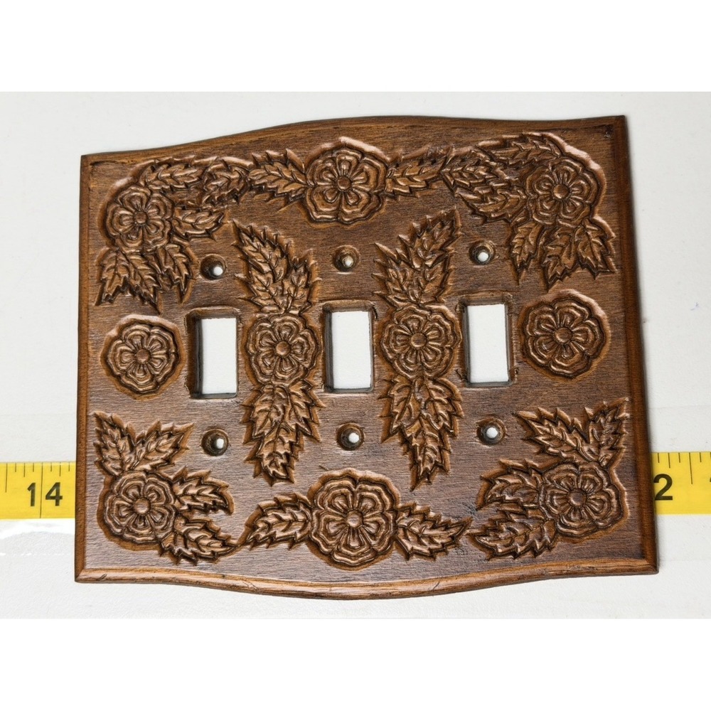 Vintage Hand Carved Wooden Triple Toggle Light Switch cover Floral Wall Plate